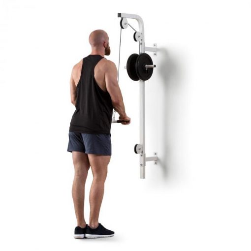 KLARFIT Stronghold , posilňovacia kladka, montáž na stenu, 100 kg, 2,5 m kábel, tricepsová tyč, biela